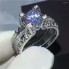 Cluster Anéis 3 Cores Birthstones Engagement Wedding Band For Women Zircon Cz White Gold Filled Feminino Bridal Sets Ring Jewelry