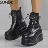 Boots Womens Platform Skull Spider Metal Chain Decor Ankle Rivet Wedge High Heel Lace Up Punk Shoes Motorcycle Dark Girls