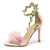 Dress Shoes Organza Pink Flower With Leafs Sandals Thin High Heels Peep Toe Summer Rural Floral Beauty Bridal Sandalias Wedding