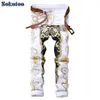 Hommes Jeans Hommes Slim Imprimer Jeans Mode Fleur Droite Blanc Denim Pantalon Long Pantalon Asiatique Taille343I