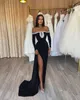 Sexy Black Sheath Galajurken Lang voor Vrouwen Off Shoulder High Side Split Lange Mouwen Parels Gedrapeerde Feestjurk Formele Verjaardag Pageant Celebrity Avondjurken