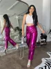 Calças femininas 2023 streetwear casual perna larga couro sintético plutônio azul verde cintura alta feminina rosa calças femininas