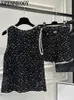 Womens Tweedelige Broek SPENNEOY Zomer Designer Vintage Zwarte Pailletten Shorts Set Mouwloze Tank TopElastic Taille 230718