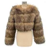 Femmes Fourrure D'hiver Femmes Mode Faux Raton Laveur Manteau De Luxe Court Fluffy Veste Survêtement Fuzzy Crop Top Haute Qualité