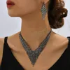 Fashion Black Crystal Stone Kwastje Zilveren Ketting Oorbel voor Vrouwen Bruiloft Sieraden Diepe V Sleutelbeen Keten Geometri Sieraden Gift