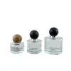 Crimp Pump Perfume Bottle Round Ball Shape Wood Lid Cover Cosmetic Refillable Vials 1oz 2oz 3oz Empty Clear Glass Atomizer Spray Mist Bottles 30ml 50ml 100ml