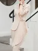 Kvinnors tvåbitar byxor Autumn Korean Fashion Women Blazer Suits Casual Vintage Pleated Jackets Straight Pantsuit Long Sleeve Business 2 Pieces Outfits 230718