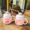 マグカップピンクのイチゴ豚マグカップ蓋付きのスプーンセラミックと陶器のコーヒーカップクリスマスギフトオリジナルカップゴー