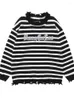 Women's Sweaters Deeptown Kpop Hippie Striped Oversize Sweater Women Grunge Vintage Letter Distressed Knitted Top Harajuku Streetwear Jumper