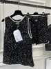 Womens Tweedelige Broek SPENNEOY Zomer Designer Vintage Zwarte Pailletten Shorts Set Mouwloze Tank TopElastic Taille 230718