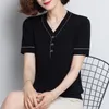 Kadın Sweaters Tuangbiang Kadın Yaz Zarif Düğmesi 2023 Kontrast Pamuk Külot V Yağlı Örme Kısa Kollu T-Shirt Kadınlar İnce Gevşek