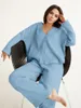 Women's Sleepwear Woman Pajama Set 2 Pieces Suits Drop Sleeves Loungewear Khaki Pure Cotton V Neck Single Breasted Wide Leg Pants