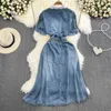 Party Dresses Clothland Women Sweet Lace Patchwork Denim Dress Beading Pearl Short Sleeve A Line Summer Midi Vestido QC453