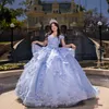 Sky Blue Shiny Off the Shoulder Ball Gown Tiered Beaded Appliques Crystal 3DFlower Quinceanera Dress Princess Sweet 16 Vestidos De