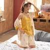 Women's Sleepwear Pajama Sets Women V-neck Short Sleeve Sleep Tops Camis Shorts 3 Pcs Design Summer Print Kimono Korean Fashion Feminine