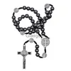 Interiördekorationer Katolska radbandsbilprydnad Svart Hematite Bead Saint Benedict Medal Jesus Cross Auto Decor Automotive Decal X0718