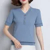 Pulls pour femmes TuangBiang Femme Été Élégant Bouton 2023 Contraste Coton Pull Col V Tricoté Manches Courtes T-Shirt Femmes Mince Lâche