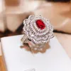 Joias da moda feminina anel de casamento doce forma de flor cristal vermelho zircão diamante anel de ouro branco namorada festa presente de aniversário ajustável