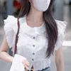 T-shirt da donna Camicia a maniche lunghe con volant bianca O-Collo per donna Versatile Estate Donna Monopetto in pizzo Scava fuori Dolce corto