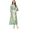 Women's Runway Dresses V Neck Long Lantern Sleeves Printed Hollow Out Piping Floral Fashion Designer Party Prom Gown