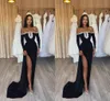 Sexy Black Sheath Galajurken Lang voor Vrouwen Off Shoulder High Side Split Lange Mouwen Parels Gedrapeerde Feestjurk Formele Verjaardag Pageant Celebrity Avondjurken