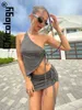 Abito a due pezzi Chicology Donna Una spalla senza maniche Disegnare String Crop Top Increspato Sexy Party Casual Streetwear Estate 2 pezzi Gonna Set 230718