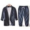 Trajes de hombre Primavera Verano Casual Mens Blazer Traje de 2 piezas Hombres Algodón Lino Estilo fino Raya 7/4 Mangas Chaqueta y 9/4 Pantalón