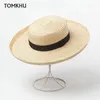 넓은 챙 모자 Tomkhu Women Elegant Roll up 여름 밀짚 모자 야외 태양 여성 검은 밴드 Fedora Beach Boater