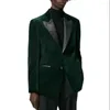 Men's Suits Satin Lapel Dark Green Velvet Dress Blazer Men Tuxedo Groom Wedding Christmas Party Slim Fit Coat Jacket Set One Piece