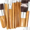 Make-up kwasten 11-delige bamboe set met stoffen tas Face Foundation Brush Powder Blusher Eye Shadow Sets Drop Delivery Health Beauty Tool Dhxfc