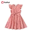 PatPat Kid Girl Dresses Polka Dots Button Design Abito per bambini con maniche svolazzanti con cintura Girocollo Cintura con fiocco Abito slim fit a trapezio