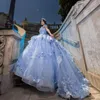Sky Blue Shiny Off the Shoulder Ball Gown Tiered Beaded Appliques Crystal 3DFlower Quinceanera Dress Princess Sweet 16 Vestidos De
