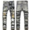 Taglia 38 Jeans strappati vintage da uomo Patch Skinny Fit Appliqued Paint Splattered Art Distressed Jeans255Q