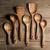 Cooking Utensils Thailand Teak Natural Wood Tableware Spoon Ladle Turner Long Rice Colander Soup Skimmer Spoons Scoop Kitchen Tool Set 230719