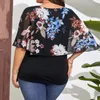 T-shirt grande taille pour femme châle en mousseline de soie faux deux pièces t-shirts grande taille décontracté col rond impression florale demi-manche volants pull ample haut femme 230719