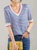 Camiseta de mujer Cuello en V Camiseta de punto fino Mujeres Hit Color Patchwork Rayas Camisetas Manga corta Verano Tops Moda coreana Ropa de mujer 230718