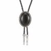 Bolo Ties Ovale vorm zwarte agateoxny bolo tie voor man Indiase cowboy western cowgirl lederen touw zinklegering stropdas golfzijde HKD230719