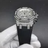 High quaility men quartz watch Chronograph full works Diamonds silver case 42mm Diamonds face Black rubber strap