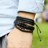 4pcs/Set Stylish Leather Braided Bracelets For Women Men Handmade Wood Beads Ethnic Tribal Elastic Bracelets Wristbands