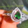 Cluster Rings Pear Cut Emerald Green Cubic Zirconia Crystal Stone For Women Luxury Fashion Jewelry Banquet Party Gift