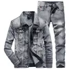 Business Casual 2pcs Men's Pant Sets Simple Design Long Sleeve Denim Jacket and Jeans Spring Autumn Slim-fit Stretch Male Clo291O
