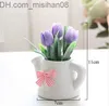 Faux Floral Greenery Małe sztuczne rośliny Dekoracyjne kwiaty tulipanowe Mini donite czajnik Bonsai Walentynki ręcznie wykonany 1 zestaw (rośliny+wazon) Z230719