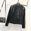 Women's Leather 2023 Single Breasted Round Neck Jacket Motorcycle Short Small Coat