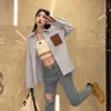 Spring and summer ladies lapel striped shirt coat, linen blend soft and comfortable, sky blue pinstripe color youth fashion, loose version of leisure.