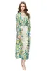 Women's Runway Dresses V Neck Long Lantern Sleeves Printed Hollow Out Piping Floral Fashion Designer Party Prom Gown