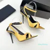 2023-Sandals Casual Women Shoes Yellow Genuine Leather Pointy Toe Strappy Peep High Heels Sandalias Sandals