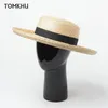 넓은 챙 모자 Tomkhu Women Elegant Roll up 여름 밀짚 모자 야외 태양 여성 검은 밴드 Fedora Beach Boater