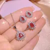Girlfriend wedding jewelry set gift red crystal zircon diamond water drop white gold ring bride sweet necklace earrings party gift