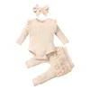 Conjuntos de roupas 3 peças roupas de bebê meninas terno de roupas infantis nascidos terno de bebê meninas rendado algodão babados roupa apertada calças roupas de bandana 230719