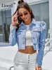 Kurtki damskie Blue Cropped Dżins Women 2023 Puff Sleeve z przyciskami kieszenie Vintage Płaszcz Autumn Winter Streetwear Raped Jean Owewear 230719